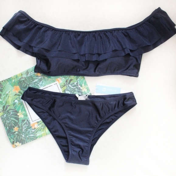 NWT Off Shoulder Navy Ruffled Cupshe Bikini - Picture 2 of 7